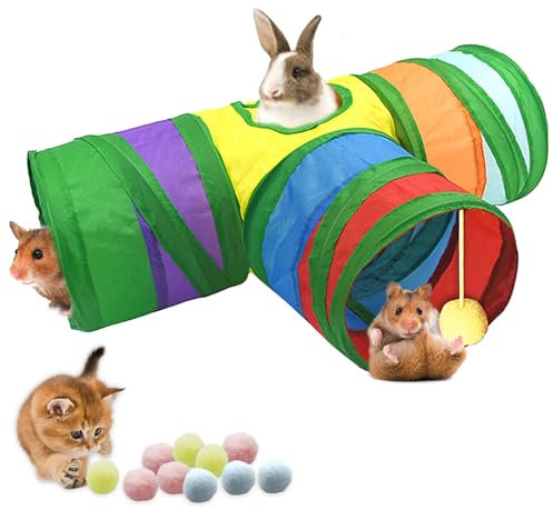 Guinea Pig Tunnels & Tubes Collapsible, 3 Way Tunnels Hides Toys, Hanging Tunnel For Small Animals,Portable Small Animal Hideout Hideaway Pet Toys Tunnel for Hamster,Rat,guinea pig (Rainbow, 19*17*2)