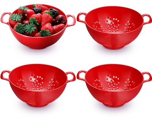 Baderke 4 Pack Mini Colander for Kitchen Plastic Berry Strainer with Double Handles 7.5 x 6 x 3 Inch Small Colander Strainer for Fruits Vegetables Food (Red)