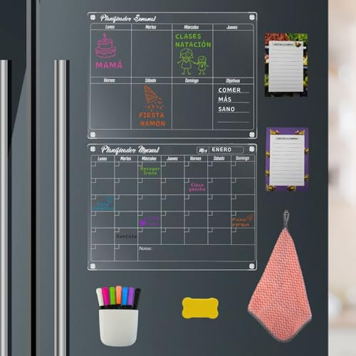 BENSAD® 2 Calendario Magnetico Nevera Transparente ESPAÑOL Acrilico Calidad Premium 3mm + Accesorios, Planificador Pizarra Transparente Semanal Mensual, Pizarra Magnetica Nevera, Cocina Taller Oficina