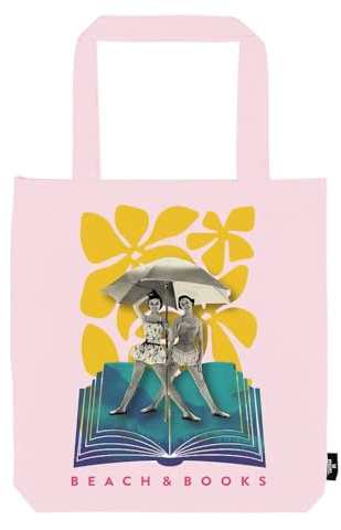 moses. libri_x Shopper Beach and Books, sommerliche Tragetasche in Rosé aus 100% Baumwolle, große Stofftasche mit Retro-Illustrationen, wiederverwendbare Einkaufstasche mit langen Henkeln