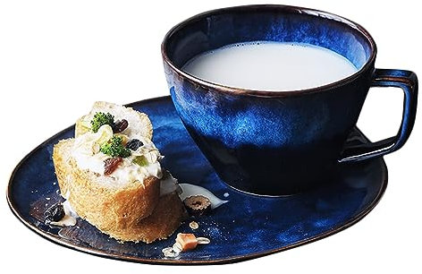 JKXLSLAX Blue Ceramic Soup and Sandwich Plate Set, 480ml Milk Cup Oatmeal Bowl with Handles,9 Inch Oval Bread Dessert Plate Soup and Cracker Bowls Set for Breakfast, Microwave Oven Safe