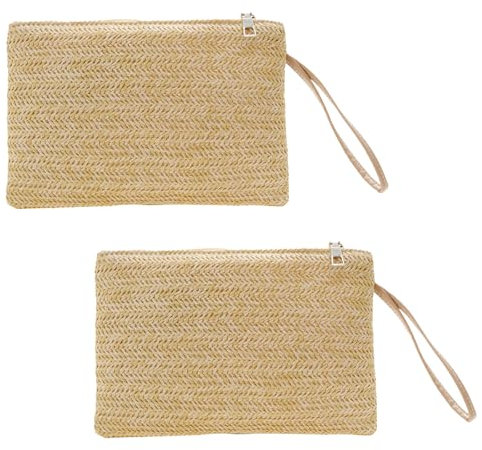 SAIIURV 2 Pezzi Pochette Donna Paglia Borsa Mare, Borsa Paglia Piccolo, Borsa da Polso Donna e Ragazze (Cachi)