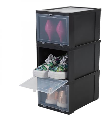 Iris Ohyama Transparente Schuhaufbewahrungsboxen, für Größen bis 46, L32 x H18 cm, 3er-Set, Schuhboxen Stapelbar, Frontöffnung, Behälter mit Deckel, Schuh Organizer, Turnschuhe, EUDF-S