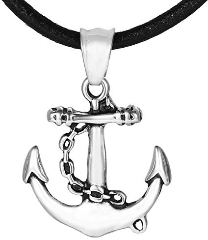 DonDon Herren Lederkette Leder Halskette 50 cm mit Edelstahl Anhänger Anker Segelboot