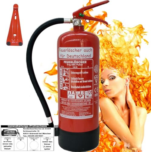 Brandengel Feuerlöscher 6kg ABC Pulverlöscher mit Manometer EN 3, Messingarmatur Sicherheitsventil, mit Kunststoffstandfuß mit Wandhalter (Mit Prüfnachweis U. Jahresmarke)