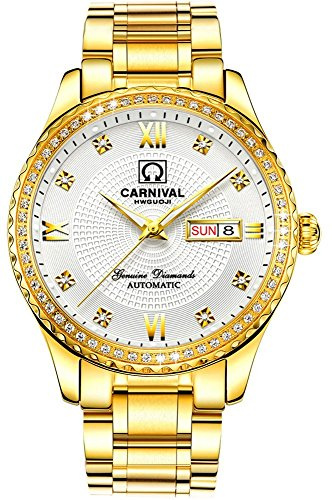 MASTOP Automatikuhren für Herren Luxus Gold Silber Edelstahl Uhr Mode Diamant Kleid Armbanduhren, Goldweiß, Kleid