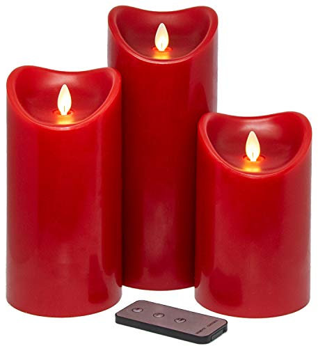 Tronje LED Echtwachskerzen 3er Set mit Timer u. Fernbedienung 15/19/23cm Kerzen mit beweglicher Flamme Rot