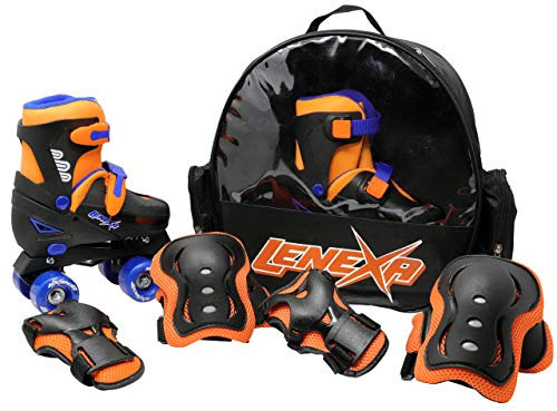Lenexa Go GRO Verstellbares Quad Roller Skate Bundle,Kinder Rollschuhe mit Handgelenkschonern, Knieschützern, Ellenbogenschützern und passendem Rucksack, Orange, verstellbar Medium (12J bis 2)