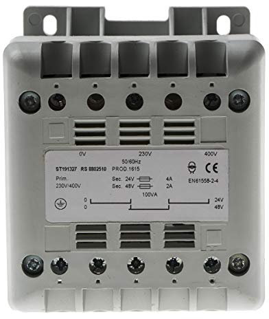 RS PRO DIN-Schienen-Trafo, 100VA, Primär 400V ac/Sekundär 24V ac DIN-Schiene, 106mm x 90mm x 107mm