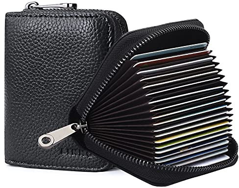 LINNO RFID 20 Kartenfächer Kreditkartenetui Echtes Leder Kleine Kartenetui für Damen oder Herren Akkordeon Geldbörse mit Reißverschluss, Hot Black, RFID-Brieftasche.