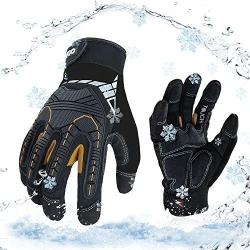Vgo... Gants de travail hiver chaud impermeables, gants mécaniques résistants au froid et aux vibrations (SL8849FW,11/XXL,Noir/Doré,1Paire)