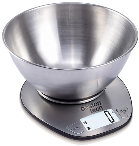 Boston Tech Balance de Cuisine Numérique avec Bol Amovible - Acier Inoxydable, Haute Précision, Étanche, Capacité 5kg, Écran LCD, Fonction Tare, Livre de Recettes Inclus