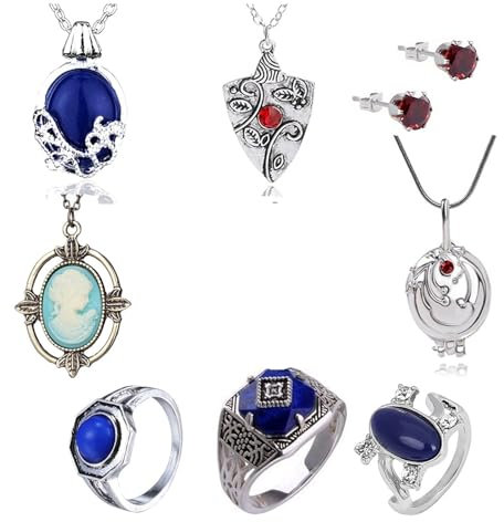 XHBTS 19 Set Ersetzen Sie The Vampire Diaries Daywalking Katherine Sapphire Crystal Anhänger Halsketten Ring Ohrringe und 10 Vampire Diaries Aufkleber Film Schmuck Set Cosplay Für Fans