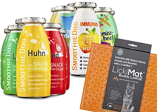 SmoothieDog Hundesmoothie 12er Probierset mit Lickimat Buddy L 30,5x25,5cm - 100% getreidefrei, für alle Hunde, 6 Sorten - Lamm, Rind, Huhn, Trinkpause, Immunio und Gemüsebeet, je 1x 250 ml
