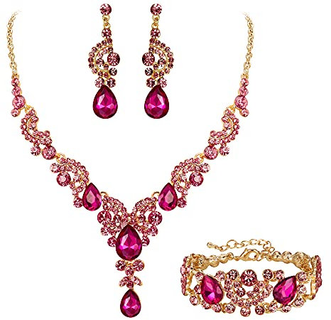 Ever Faith Parure Femme Mariage Forme C Bijou Cristal Strass Collier Plastron Boucles d'oreilles Pendantes Ensemble Rose Rouge Ton d'or