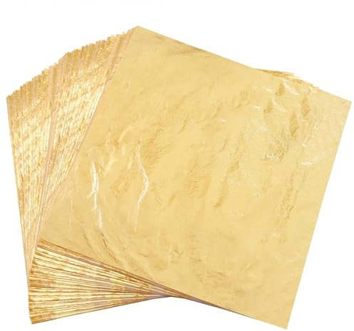 Gold Leaf Sheets, 100 Sheets14 x 14 cm Gilding Gold Foil Paper for Nails,Arts Crafts, Paintings,Furniture Decoration, Slime