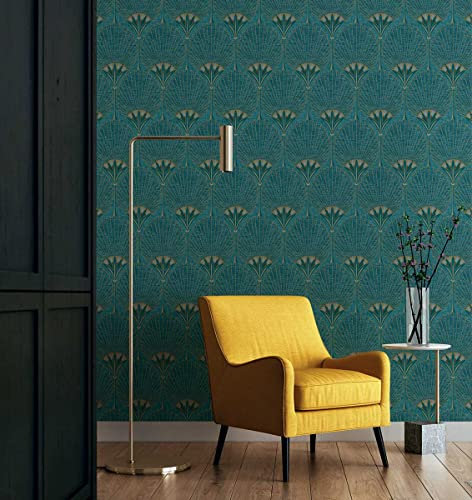 Papier peint art deco bleu paon - rouleau 0,53x10m