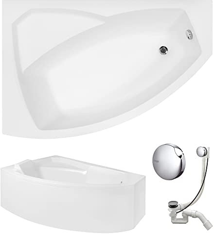 VBChome Badewanne 160x100 cm Acryl SET Schürze Siphon Wanne Ecke Eckbadewanne Weiß Design Modern Ablaufgarnitur Viega Simplex Wanne links Schürze Ablaufgarnitur Füße
