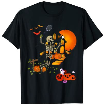 Skelett spielt Badminton Sport Gruseliges Halloween Kostüm T-Shirt