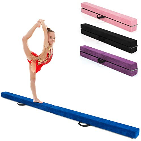 COSTWAY Poutre de Gymnastique Pliable de 210 cm, Barre de Gymnastique au Sol Portable en Flannel Doux avec Poignées de Transport, pour Enfants, Gymnastes (Bleu)