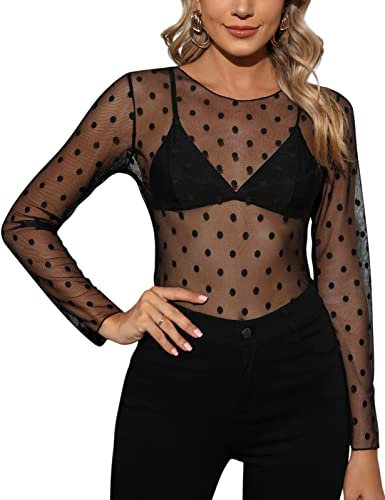 Niwicee Camiseta Transparente Mujer Blusa Sexy Mangas Largas Mesh Tops Damas Cuello Redondo Slim Fit Bodysuit T-Shirt Túnica Negra Transparente Clubwear Camisas tee Pullover(D,L)