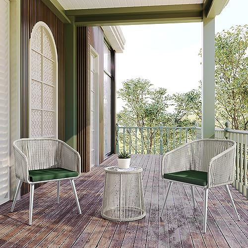 EAST OAK Terrassenmöbel-Set, 3-teilig, für den Außenbereich, Bistro-Set, handgewebte Rattan-Geflechtstühle mit wasserdichten Kissen, Tisch aus gehärtetem Glas, Gesprächsset, Elfenbeinweiß und