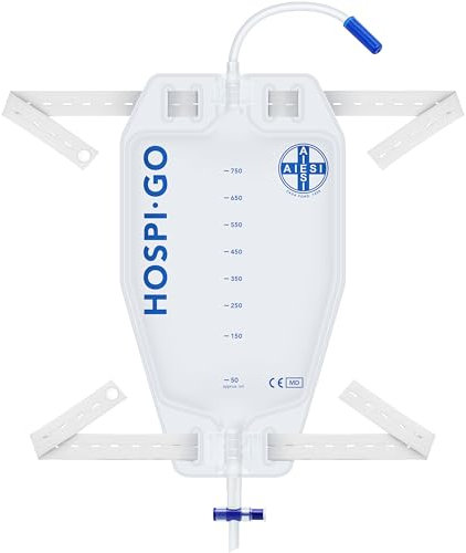AIESI® Sacche per urina da gamba riutilizzabili capacità 750 ml tubo 30 cm con rubinetto di scarico a croce (T) e valvola anti-reflusso HOSPI-GO, Rivestita in TNT (Confezione da 50 pezzi)