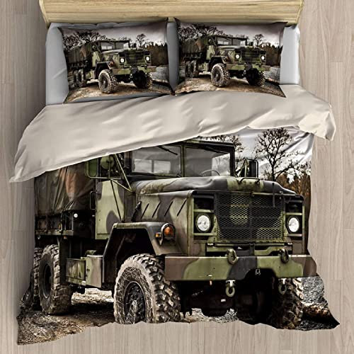 NEKOMARUKE Bettwäsche 200x200 Jugendliche Alt MilitäRtruppen Transporter Schlamm 3D Gedruckt Bettbezug Set 3teilig Microfaser Zweiteilig Bettwäschegarnitur mit Reissverschluss