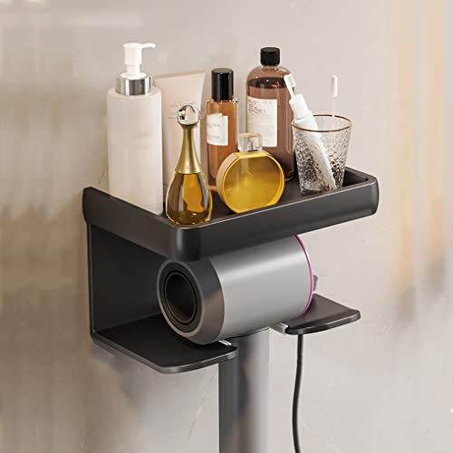Hosoncovy 2 Tier Hair Dryer Wall Mount Holder Hair Dryer Wall Hanger Toiletries Wall Storage Toiletries Wall Shelf for Dyson Supersonic Hair Dryer,Universal for Hair Dryer (Black)
