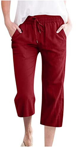 oglccg Capris Trousers 3/4 Pants Cotton Linen Elastic High Waist Cropped Pants Drawstring Autumn Solid Color Pockets Loose Pants Straight Wide Leg Trousers Plus Size 8-18 Red, XXL