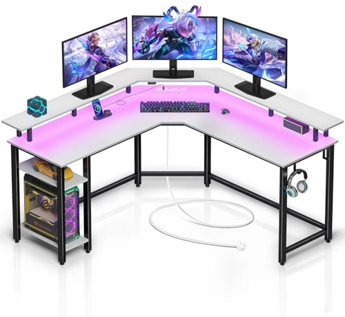 Rolanstar L-Shaped Gaming Desk with LED Lights, Power Outlets, Corner Computer Desk with Storage Shelves - PC Writing Table for Home Office, White (135x135x86cm)
