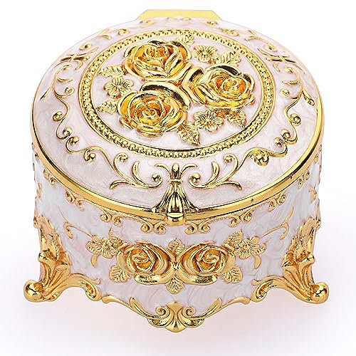 IGNPION Decorative Trinket Box Vintage Jewelry Box Small Trinket Storage Organizer Case For Rings Earrings Necklace Round, Beige