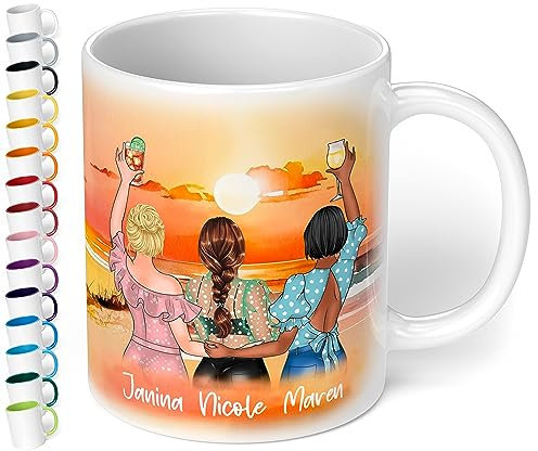 True Statements Keramik-Tasse für beste Freundinnen „Drei Freundinnen am Strand“ – 330ml Kaffeetasse personalisiert mit Namen & Aussehen - BFF best friends - Geschenke Geburtstag Weihnachten (Weiß)