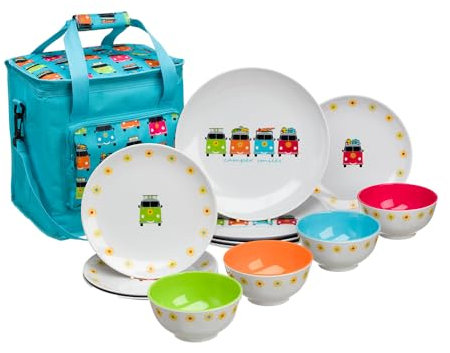FLAMEFIELD CAMPER SMILES 13-teiliges Melamin-Set – Retro-inspiriertes Geschirr mit Vintage-Charme, langlebig und bruchfest, inklusive 16-Liter-Kühltasche, perfekt für nostalgische Picknicks