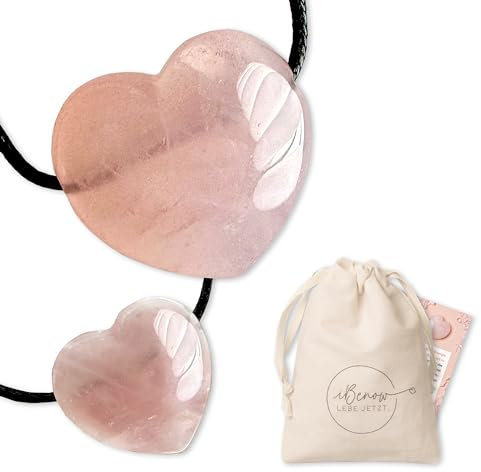 iBenow Geschenkset: Rosenquarz Kette echter Stein (Unikat) Glücksstein für die Liebe (Partnerkette) wertvoller Edelstein (Glücksbringer) 4. Chakra (Herzchakra) (Herz SET)