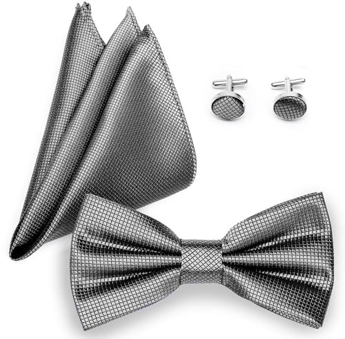 Ladeheid Fliege mit Einstecktuch Set Herren inkl. Manschettenknöpfe SETBHC (12cm x 6cm, Grau)