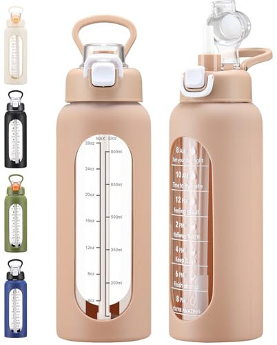 chunmo Bolttles d'acqua in vetro con cannuccia, grande, motivazionale, con indicatore del tempo, bottiglie d'acqua sportive con custodia in silicone e coperchio con manico, brocca d'acqua per