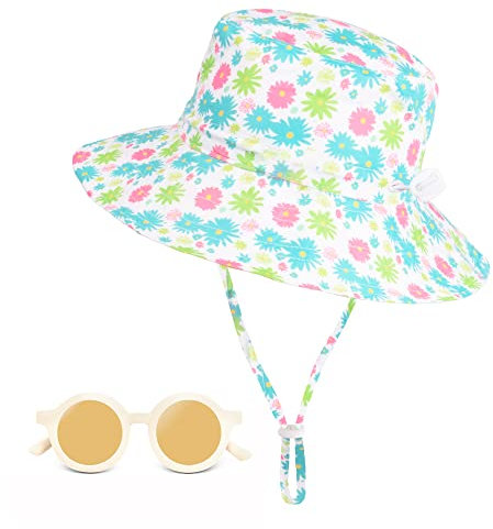 UV Schutz UPF 50+ Sonnenhut, Breiter Krempe Nackenschutz Fischerhut Baby mit Verstellbarem Kinnriemen, Atmungsaktiv Bucket Hut für Kleinkinder, Kinder, Junge, Mädchen - Grüne Blumen, 2-6 Jahre