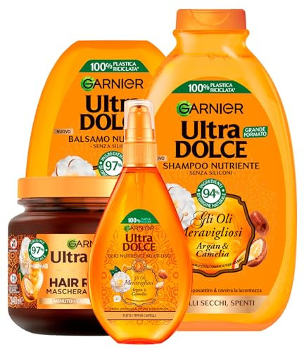 Garnier Ultra Dolce Shampoo + Balsamo + Maschera + Olio Spray Nutriente per Capelli Secchi e Spenti Gli Oli Meravigliosi Argan e Camelia Ravvivante Illuminante con Ingredienti Naturali - 4 Prodotti