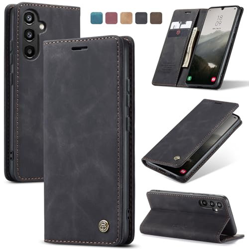 owlhold Handyhülle für Samsung Galaxy A34 5G Hülle, Premium Lederhülle Weiches Vintage-Nubukleder Faltbare Ständer Klapphülle Kartenfach Standfunktion stoßfest Schutzhülle für Samsung A34 5G -Schwarz