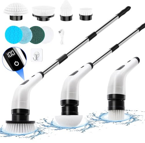 SINZUX Electric Spin Scrubber, Floor Scrubbing Brush with 8 Replaceable Brush Heads, Electric Cleaning Brush with LED Display and Adjustable Extension Handle, Power Scrubber for Bathroom Kitchen Car