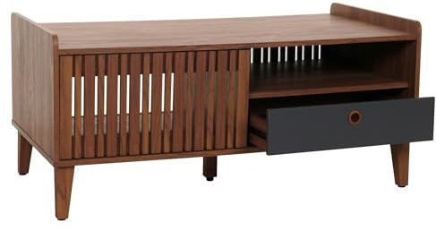Mendler Couchtisch HWC-M48, Wohnzimmertisch Tisch Sofatisch, 52x114x59cm - Walnuss-Optik, Schublade dunkelgrau