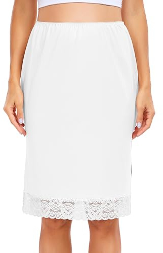 Wikoan Half Slips for Women Underskirt Floral Lace Trim Petticoat for Dresses Soft Non Cling Skirts for Under Dress White,L
