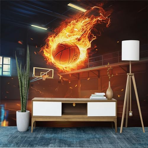 Black Wall Mural 200 x 140 cm (W x H), Sports Basketball Flames Pattern Photo Wallpaper, Modern Non-Woven Mural Poster Wallpaper for Living Room or Kids Bedroom