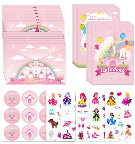 Ghope 12 Einladungskarten zum Kindergeburtstag Mädchen Rosa Schloss Geburtstagseinladungen mit Umschlägen und Aufklebern, 4 Prinzessin Tattoo Aufkleber Kinder Geburtstag Party