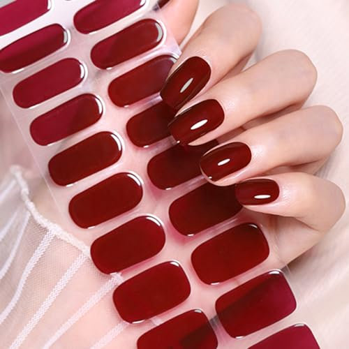 Red Semi Cured Gel Nails Strips 20 Stickers Wine Red Nail Wraps Soft Self-Adhesive Gel Nail Stickers Salon-Quality Gel Nail Strips for Nails Manicure UV/LED Lamp Required-05