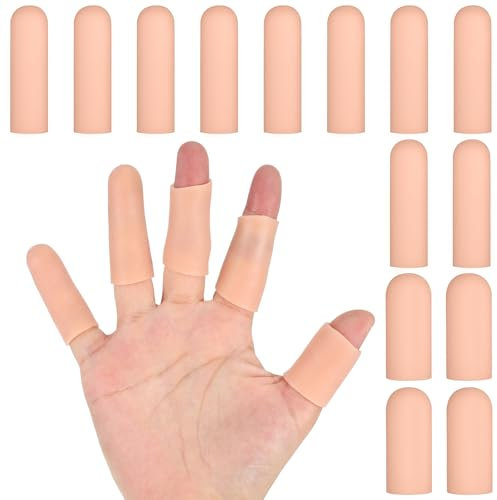 Thinp 14 Pcs Silicone Finger Cots,Finger Protectors Silicone Gel Cover Sleeves Gloves Caps Waterproof Finger Sleeves for Relief from Pain of Finger Tips Cracked Finger Friction(Skin Color)