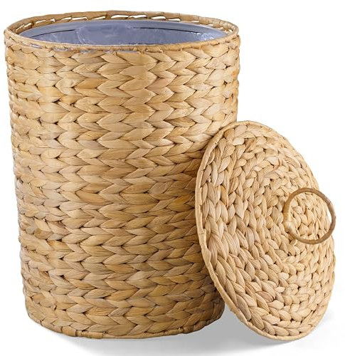 BLUEWEST Bote de basura de mimbre de 4.5 galones con tapa y forro extraíble, cubo de basura de mimbre para baño, cubo de basura tejido grande para oficina, cesta de basura de jacinto para dormitorio,