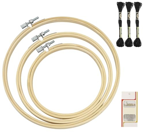 EASYKEENECOM Runder Stickrahmen Set, 3 Einstellbar Kreuzstich Ring, Bambus Stickrahmen, 20cm, Groß, Holz, Kreuzstich Ring, mit 16 Nähnadel + 3 schwarzes Stickgarn