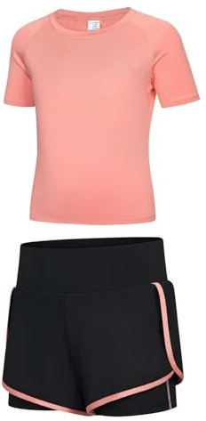 Echinodon Mädchen Sport Set Kurz Schnelltrockend Shirt + 2 in 1 Shorts mit Innenhose Anzug für Yoga Jogging Training Orange 130